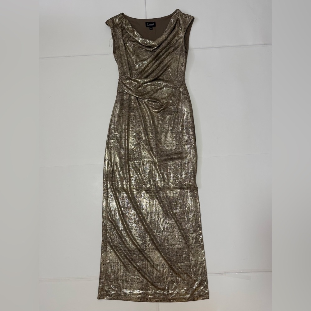 connected apparel Metallic Gold Draped Maxi Dress